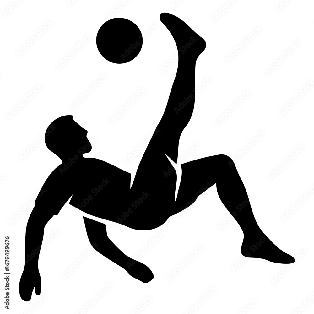Poster silhouette of a soccer player kicking a ball overhead in a dynamic action pose
