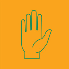 Obraz premium A simplified illustration of a human hand raised against a vibrant orange background, symbolizing greeting or stop gesture