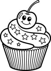 Cute cartoon cupcake with cherry and stars coloring book illustration