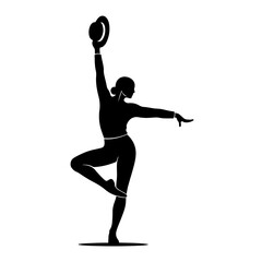 Silhouette of a woman dancing with a hat raised above her head in black and white