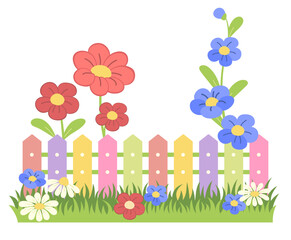 Colorful cute fence with flowers and grass