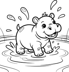 Cute Cartoon Hippo Splashing in Water Coloring Page Illustration Art