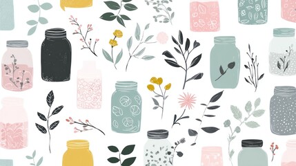 Variety of pastel-colored jars and plant sprigs arranged in seamless pattern on white