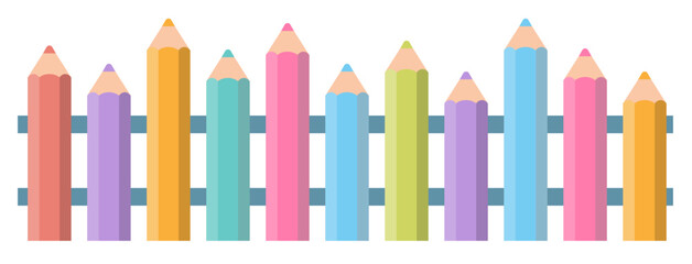 Cute children's fence made of colorful pencils. Horizontal seamless pattern