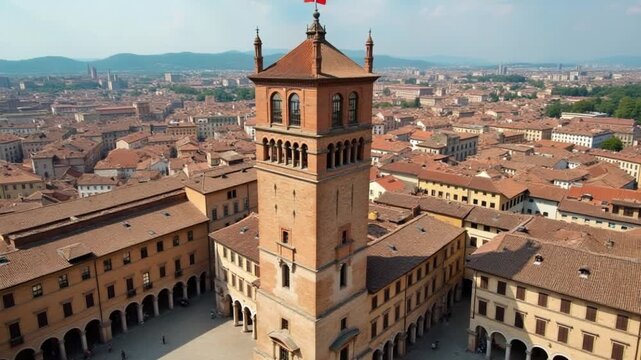 Aerial view Bramante Tower in Vigevano Italy. A Renaissance square with arcades and a cathedral, today it houses bars, restaurants and shops.