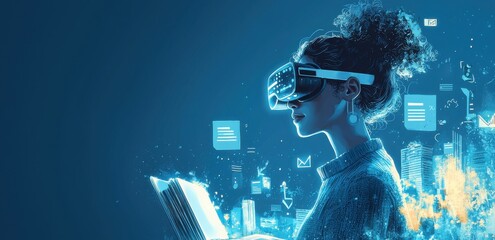 Woman exploring virtual environment with VR while holding an open book