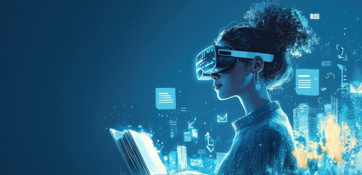 Woman exploring virtual environment with VR while holding an open book