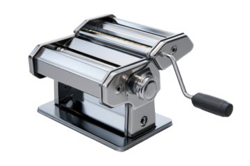Shiny chrome pasta machine with a crank handle.  A tabletop kitchen appliance, likely for pasta or dough.  Metal construction, showing details of rollers, base, and handle.