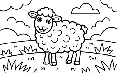 Cute Cartoon Sheep Coloring Page for Kids Animal Illustration