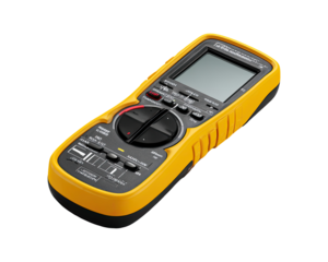 Handheld digital multimeter, yellow and black.  Features a large LCD display, rotary dial, and multiple control buttons.  Compact and ergonomic design