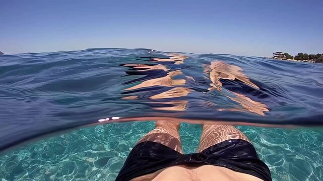 Human lower extremities and feet, male individual buoyant in transparent ocean waters from first person viewpoint