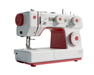 A 3D rendering of a retro-style sewing machine.?The machine is predominantly white with red accents.?Controls and dials are visible.?It's presented in a studio shot, isolated on a black background