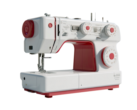 A 3D rendering of a retro-style sewing machine.?The machine is predominantly white with red accents.?Controls and dials are visible.?It's presented in a studio shot, isolated on a black background