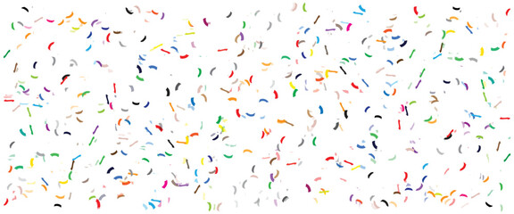 Colorful birthday party confetti background with falling paper pieces and ribbons, seamless festive border frame design on white, perfect for kids celebration invitation, greeting card or party