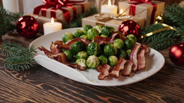 Christmas Brussel Sprouts and Bacon with decoration, gifts, green tree branch on wooden rustic table