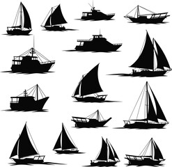 Silhouette collection of sailing boats, yachts, and ships, black and white vector illustration for marine, nautical, transportation, and travel design.
