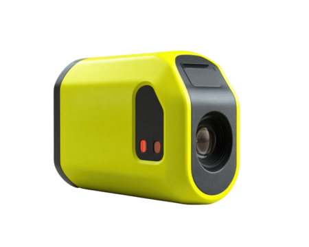 Bright yellow compact device, likely a camera or rangefinder.  Features a lens, small buttons, and possibly a display.  Solid construction