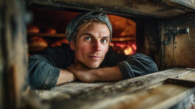 Smiling artisan baker leaning on rustic stone oven with freshly baked bread loaves inside, warm glowing light from fire in traditional bakery kitchen, showcasing craft and wholesome food preparation