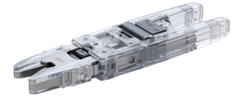 Transparent,  ridged connector with metal components