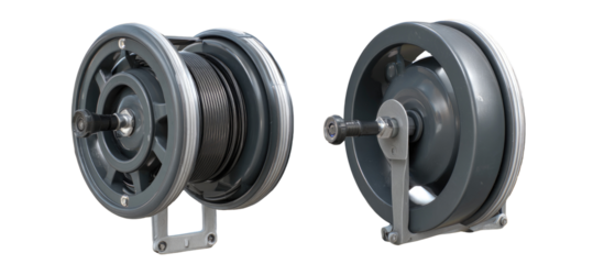 Two gray metal cable reels,  showing intricate gear and mounting systems.  Separate but linked reels suggest a dual-winding or tensioning mechanism