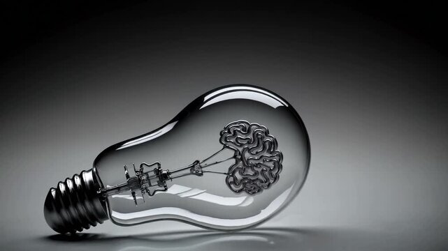transparent illumination device shaped like human cranium with luminous filament in the form of cerebral organ against dark setting