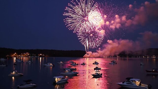 pyrotechnic display celebration occurring over body of water during national holiday, featuring explosions of light reflecting on the lake