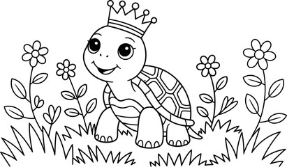 Cute turtle coloring page with crown and flowers vector illustration