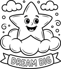 Dream Big Star in the Clouds Illustration for Coloring Books