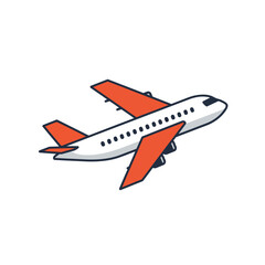 A simple illustration of a red and white airplane in flight.