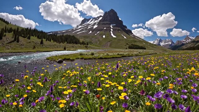 mountain peak within national park during the season of growth and renewal, featuring fields, meadow, and river