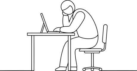 Man working on laptop desk office line art