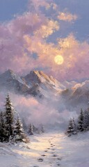 Snowy mountain path at dawn, with a full moon