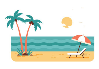 A vibrant illustration of a sunny beach scene with palm trees, ocean, and a relaxing chair.