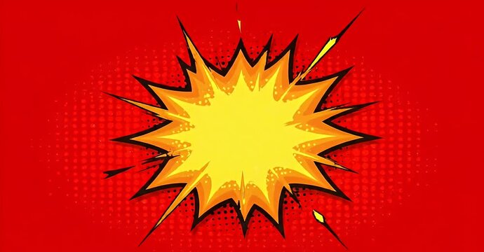 Vector illustration of a bright yellow comic book explosion or burst on a red halftone background, pop art style for impact