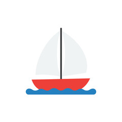 A simple, flat design illustration of a red sailboat with white sails floating on blue water against a plain background.