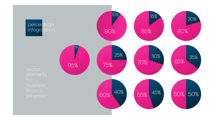5 10 15 20 25 30 33 35 40 45 50 55 60 65 70 75 80 85 90 95 percent pie charts. Vector percentage infographic set. Circle diagrams for business, finance, progress, report
