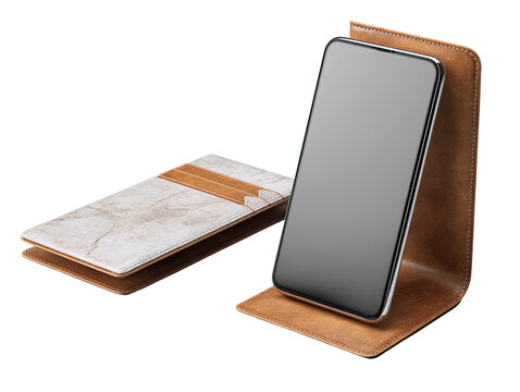 Tan leather smartphone case with stand.  Two views, one open, one closed.  Beige/cream marble pattern