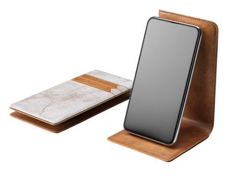 Tan leather smartphone case with stand.  Two views, one open, one closed.  Beige/cream marble pattern