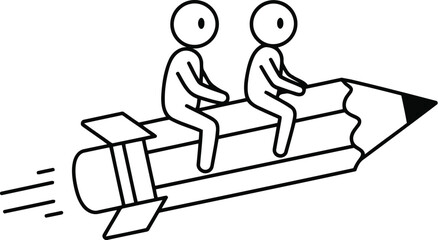 Creative journey people riding pencil rocket