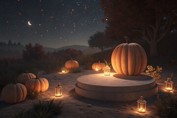 Enchanting autumn night scene with pumpkins and lanterns under a starry sky