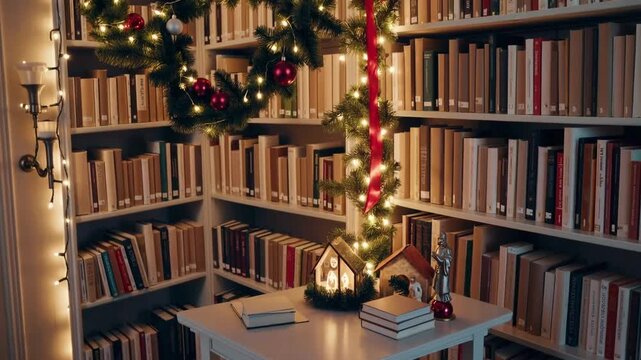 Yuletide ornamentation in the book repository generic book spines encircled by customary Christmas decoration