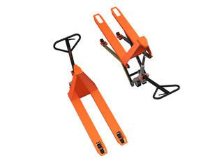 Two essential warehouse tools: an orange hand pallet truck and a scissor lift pallet jack, rendered...