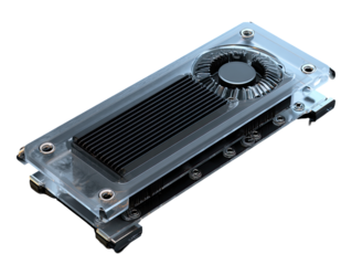 High-tech, transparent cooling system for a graphics card.  Clear acrylic casing encloses a dark, ribbed heat sink.  A cooling fan is visible within