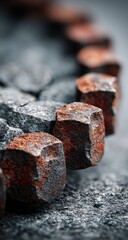 Close-up of rusty, octagonal metal bolts/studs arranged in a ring