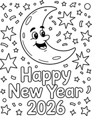 Happy New Year 2026 coloring page with cute crescent moon