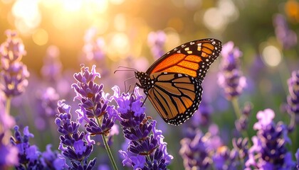 Naklejka premium Monarch Butterfly on Blooming Lavender in Warm Sunlight