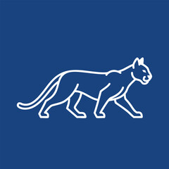 Obraz premium Stylized silhouette of a walking cat against a blue background, illustrating grace and movement in a minimalist design