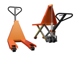 Dynamic Industrial Material Handling Tools: 3D Rendered Orange Hand Pallet Jack and High-Lift Scissor Jack, Crucial Equipment for Modern Warehouse and Freight Logistics and Supply Chain Efficiency.