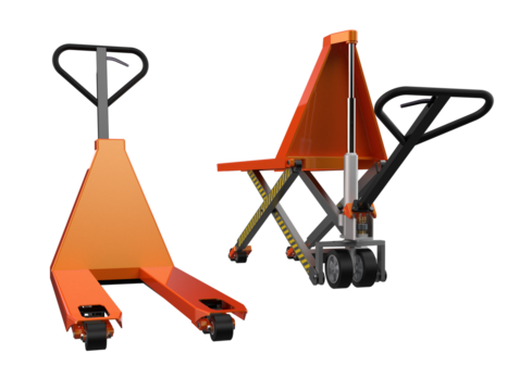 Dynamic Industrial Material Handling Tools: 3D Rendered Orange Hand Pallet Jack and High-Lift Scissor Jack, Crucial Equipment for Modern Warehouse and Freight Logistics and Supply Chain Efficiency.
