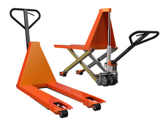 Two essential warehouse tools: an orange hand pallet truck and a scissor lift pallet jack, rendered...